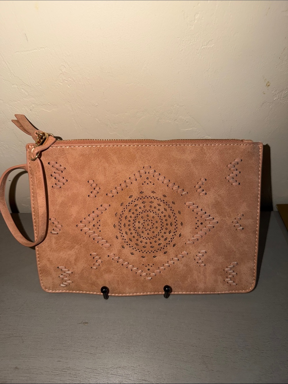 Street Level Blush Suede Laser-Cut Wristlet Clutch